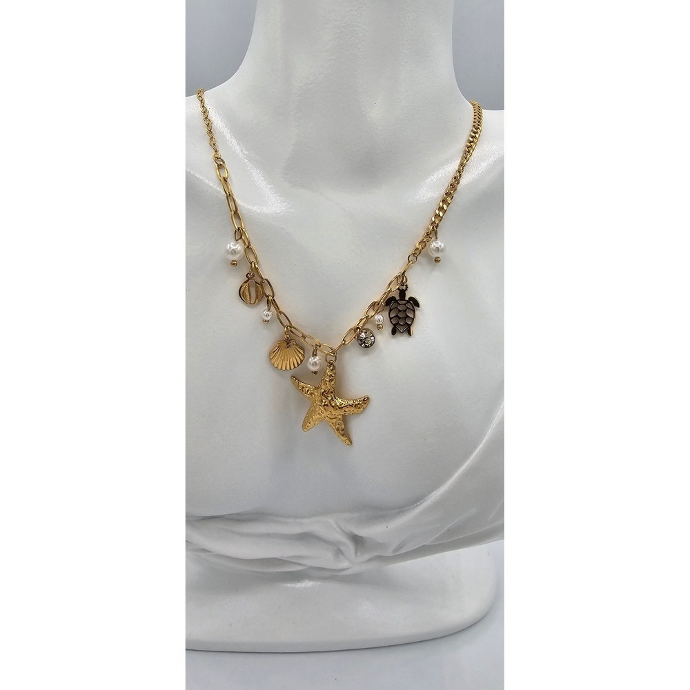 Oshena Starfish Charm Necklace‎ Womens OS Gold NEW Nautical Shell Turtle Pearl